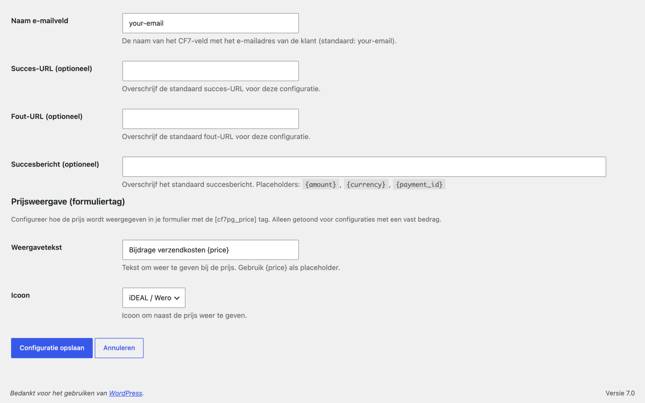 Betalingsconfiguratie bewerken vervolg